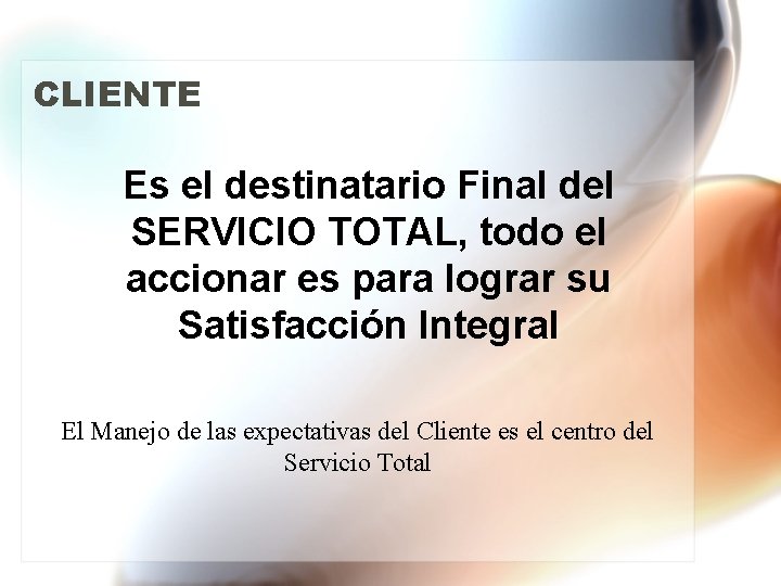 CLIENTE Es el destinatario Final del SERVICIO TOTAL, todo el accionar es para lograr