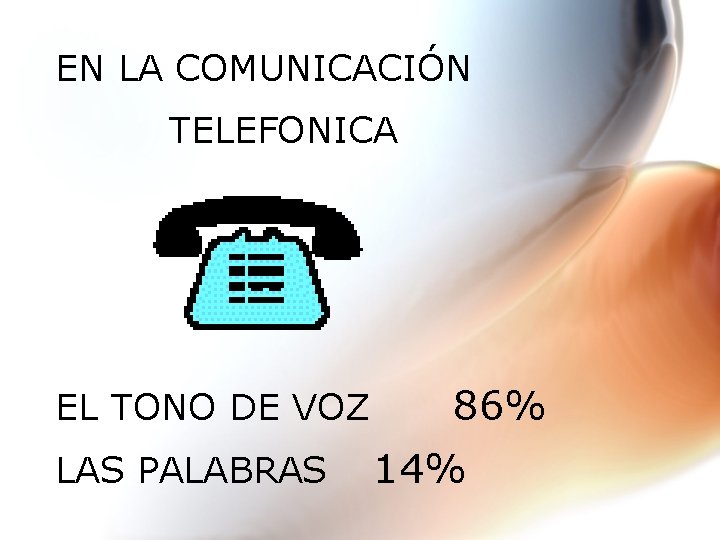 EN LA COMUNICACIÓN TELEFONICA EL TONO DE VOZ LAS PALABRAS 86% 14% 