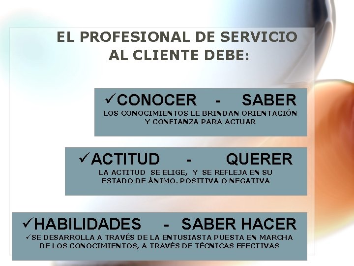 EL PROFESIONAL DE SERVICIO AL CLIENTE DEBE: üCONOCER - SABER LOS CONOCIMIENTOS LE BRINDAN