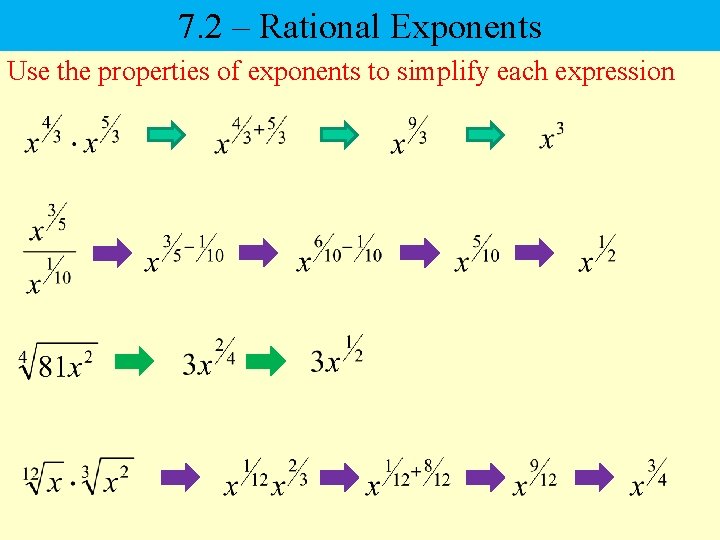 7. 2 – Rational Exponents Use the properties of exponents to simplify each expression
