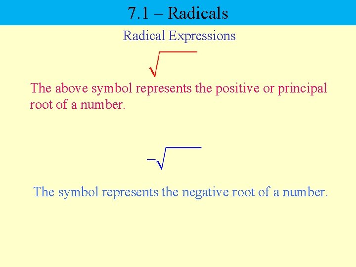 7. 1 – Radicals Radical Expressions The above symbol represents the positive or principal