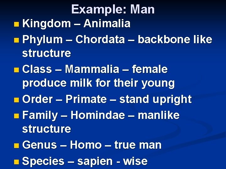 Example: Man n Kingdom – Animalia n Phylum – Chordata – backbone like structure