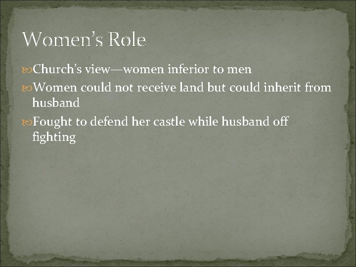 Women’s Role Church’s view—women inferior to men Women could not receive land but could Women’s Role Church’s view—women inferior to men Women could not receive land but could