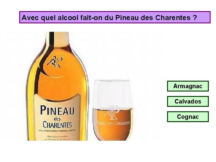 Avec quel alcool fait-on du Pineau des Charentes ? Armagnac Calvados Cognac 