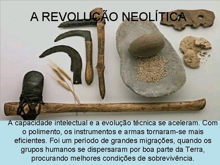 A REVOLUÇÃO NEOLÍTICA A capacidade intelectual e a evolução técnica se aceleram. Com o