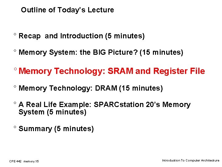 Outline of Today’s Lecture ° Recap and Introduction (5 minutes) ° Memory System: the