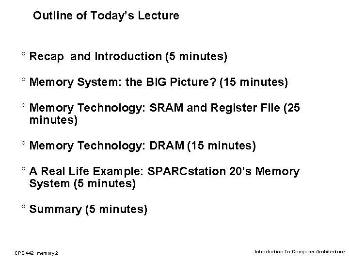 Outline of Today’s Lecture ° Recap and Introduction (5 minutes) ° Memory System: the