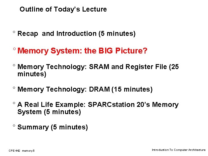 Outline of Today’s Lecture ° Recap and Introduction (5 minutes) ° Memory System: the