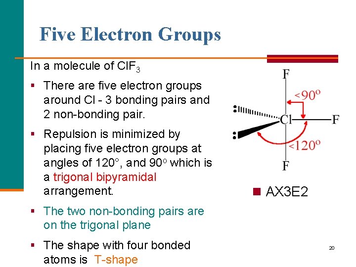 Five Electron Groups In a molecule of Cl. F 3 § There are five
