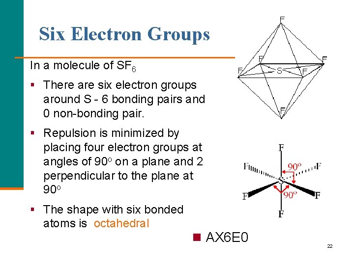 Six Electron Groups In a molecule of SF 6 § There are six electron