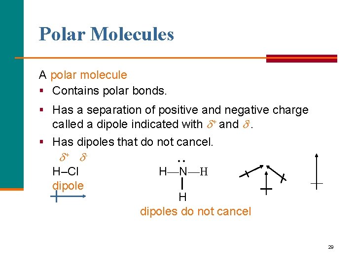 Polar Molecules A polar molecule § Contains polar bonds. § Has a separation of