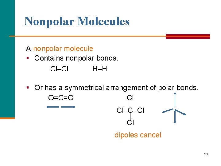 Nonpolar Molecules A nonpolar molecule § Contains nonpolar bonds. Cl–Cl H–H § Or has