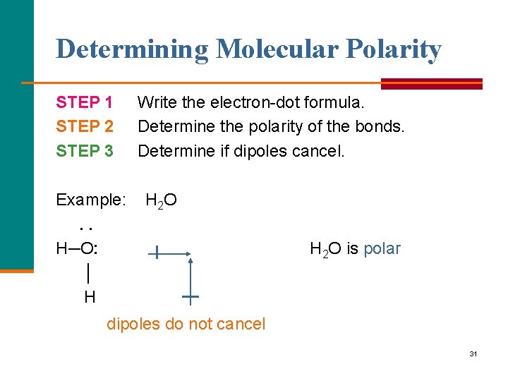 Determining Molecular Polarity STEP 1 STEP 2 STEP 3 Example: . . H─O: │