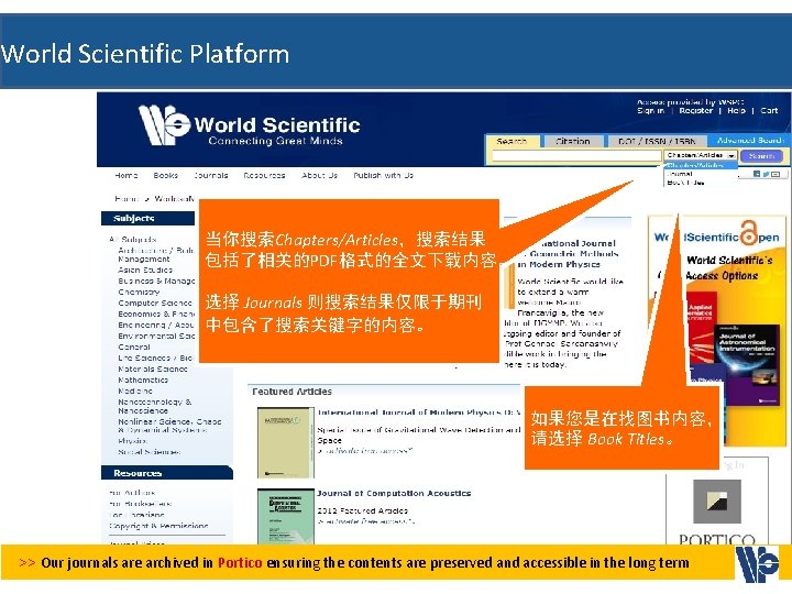 World Scientific Platform 当你搜索Chapters/Articles，搜索结果 包括了相关的PDF格式的全文下载内容。 选择 Journals 则搜索结果仅限于期刊 中包含了搜索关键字的内容。 如果您是在找图书内容， 请选择 Book Titles。 >>