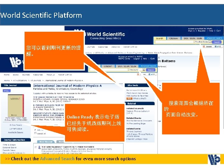 World Scientific Platform 您可以看到期刊更新的提 醒。 Online Ready 表示电子版 已经先于纸质版期刊上线 可供阅读。 >> Check out the