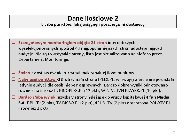 Dane ilościowe 2 Liczba punktów, jaką osiągnęli poszczególni dostawcy q Szczegółowym monitoringiem objęto 21