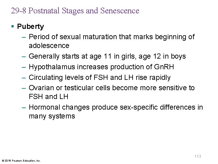 29 -8 Postnatal Stages and Senescence § Puberty – Period of sexual maturation that