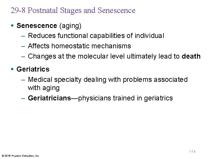 29 -8 Postnatal Stages and Senescence § Senescence (aging) – Reduces functional capabilities of