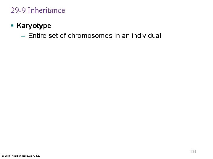 29 -9 Inheritance § Karyotype – Entire set of chromosomes in an individual 121