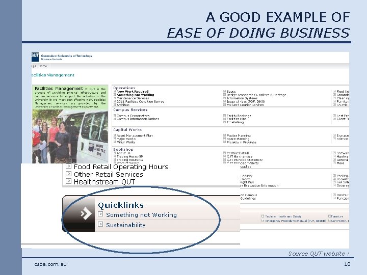 A GOOD EXAMPLE OF EASE OF DOING BUSINESS Source QUT website : csba. com.