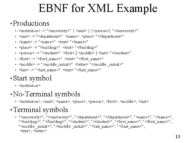 EBNF for XML Example • Productions • • <institution> -> "<university>" { <unit> }