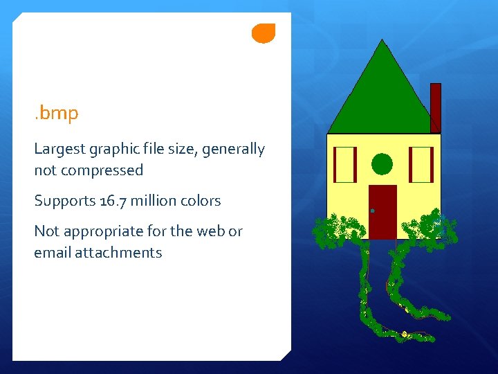 . bmp Largest graphic file size, generally not compressed Supports 16. 7 million colors