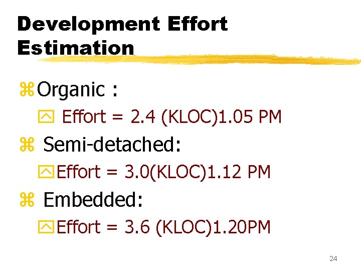 Development Effort Estimation z. Organic : y Effort = 2. 4 (KLOC)1. 05 PM Development Effort Estimation z. Organic : y Effort = 2. 4 (KLOC)1. 05 PM