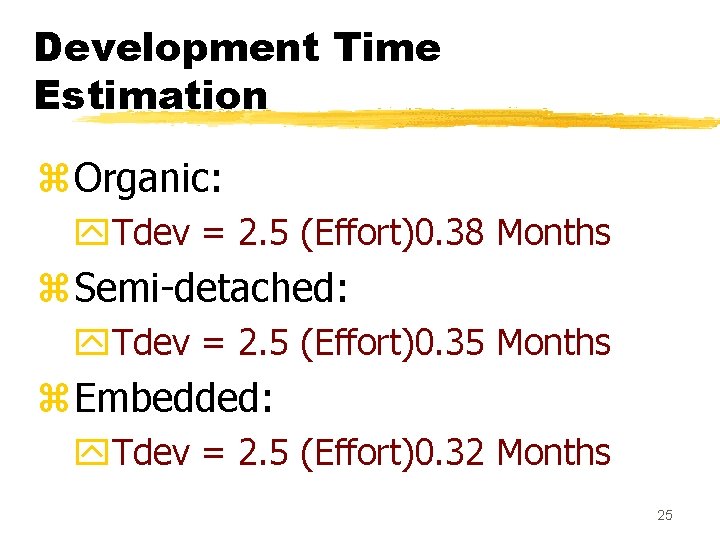 Development Time Estimation z. Organic: y. Tdev = 2. 5 (Effort)0. 38 Months z. Development Time Estimation z. Organic: y. Tdev = 2. 5 (Effort)0. 38 Months z.