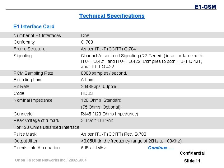 E 1 -GSM Technical Specifications E 1 Interface Card Number of E 1 Interfaces