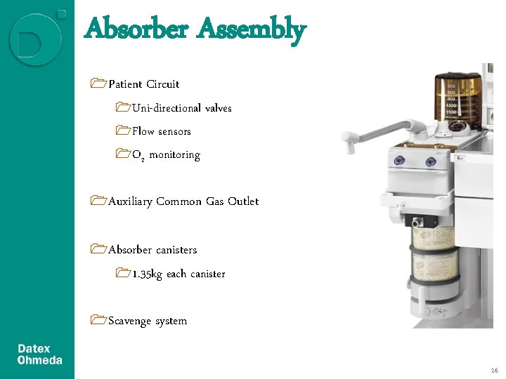 Absorber Assembly 1 Patient Circuit 1 Uni-directional valves 1 Flow sensors 1 O 2 Absorber Assembly 1 Patient Circuit 1 Uni-directional valves 1 Flow sensors 1 O 2
