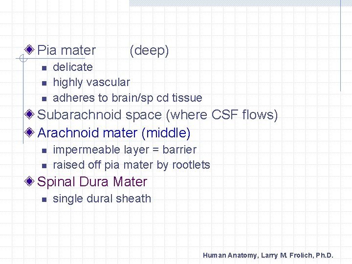 Pia mater n n n (deep) delicate highly vascular adheres to brain/sp cd tissue