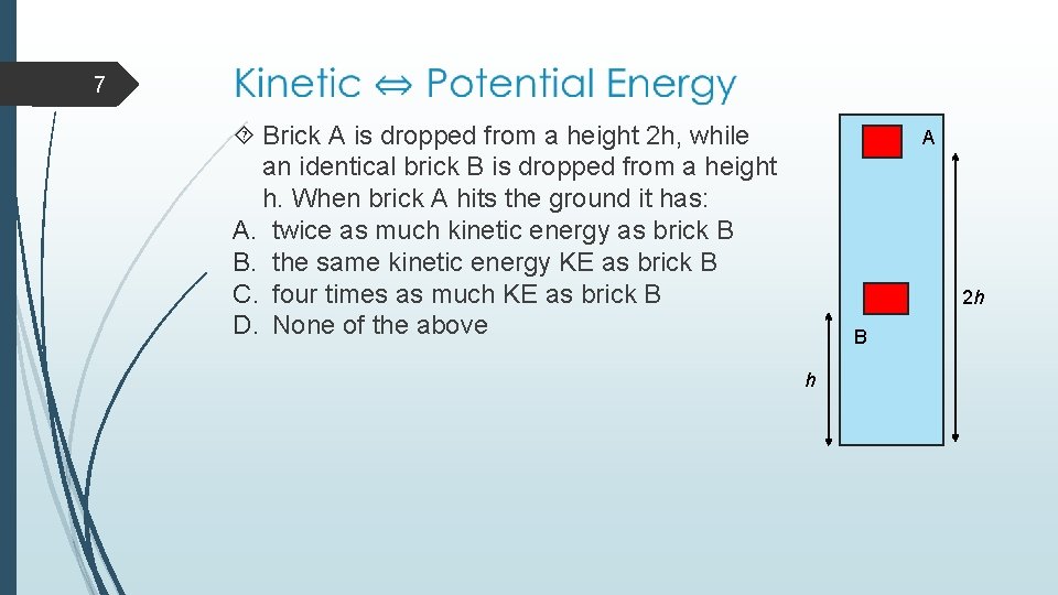 7 Brick A is dropped from a height 2 h, while an identical brick