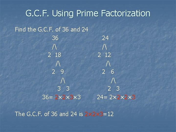 G. C. F. Using Prime Factorization Find the G. C. F. of 36 and