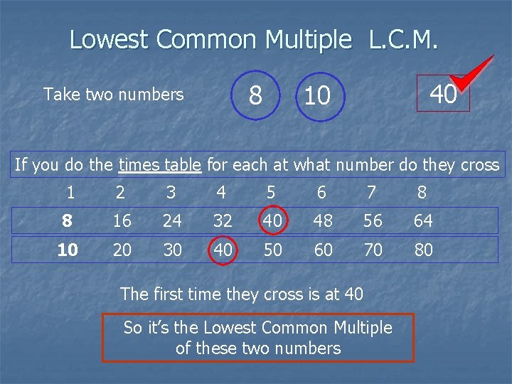 Lowest Common Multiple L. C. M. 8 Take two numbers 40 10 If you