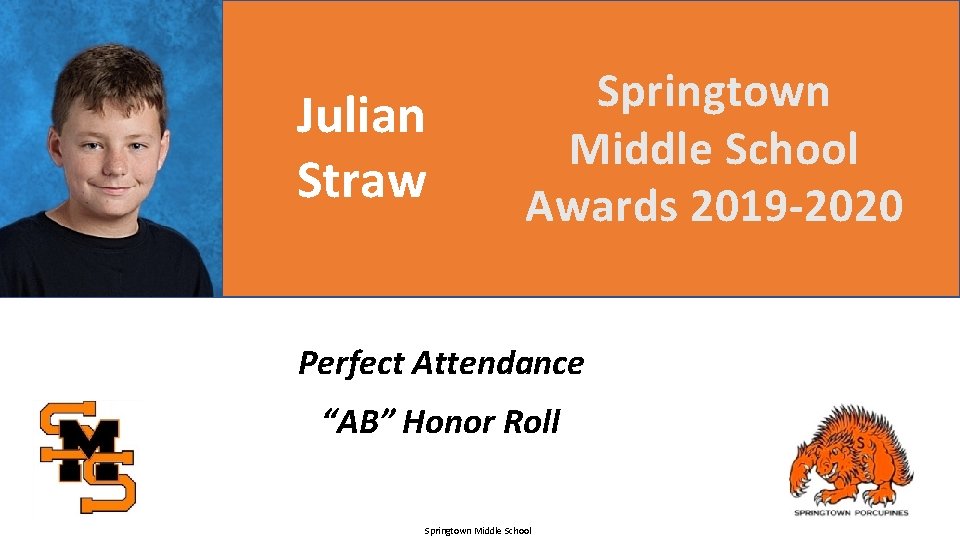 Julian Straw Springtown Middle School Awards 2019 -2020 Perfect Attendance “AB” Honor Roll Springtown
