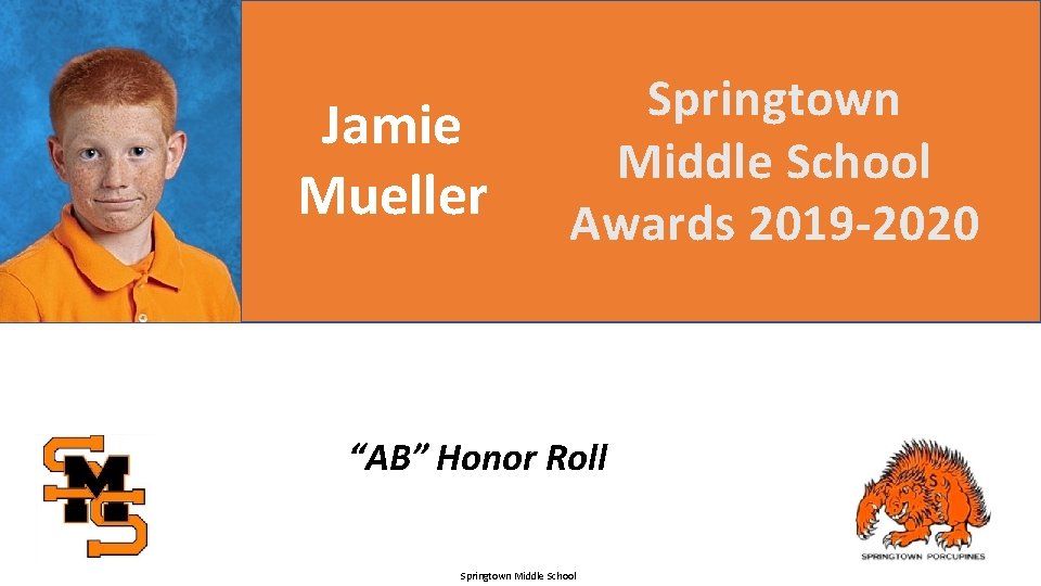 Jamie Mueller Springtown Middle School Awards 2019 -2020 “AB” Honor Roll Springtown Middle School