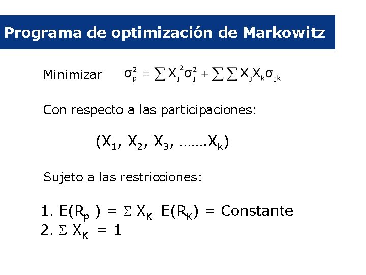 Programa de optimización de Markowitz Minimizar Con respecto a las participaciones: (X 1, X