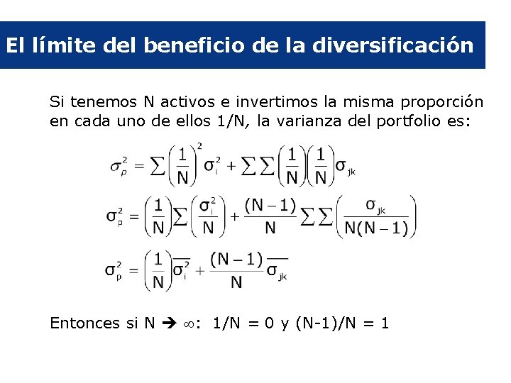El límite del beneficio de la diversificación Si tenemos N activos e invertimos la