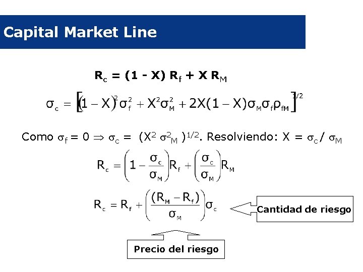 Capital Market Line Rc = (1 - X) Rf + X RM Como f