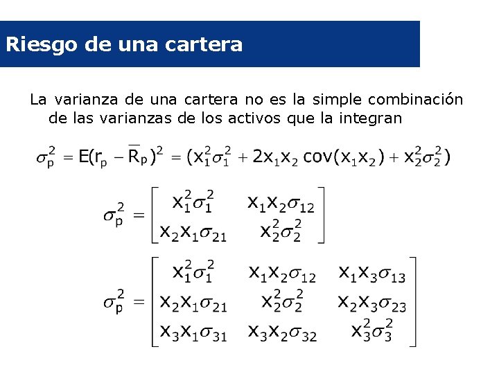 Riesgo de una cartera La varianza de una cartera no es la simple combinación