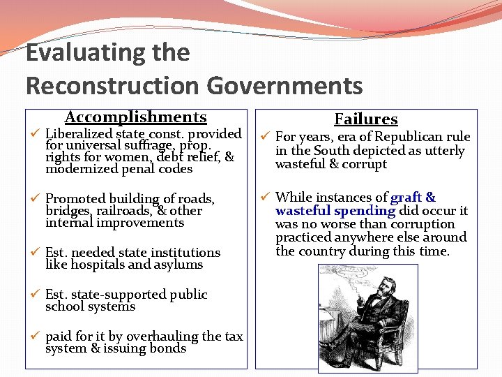 Evaluating the Reconstruction Governments Accomplishments Failures ü Liberalized state const. provided for universal suffrage,