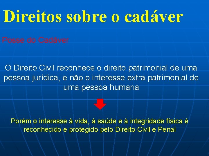 Direitos sobre o cadáver Posse do Cadáver O Direito Civil reconhece o direito patrimonial