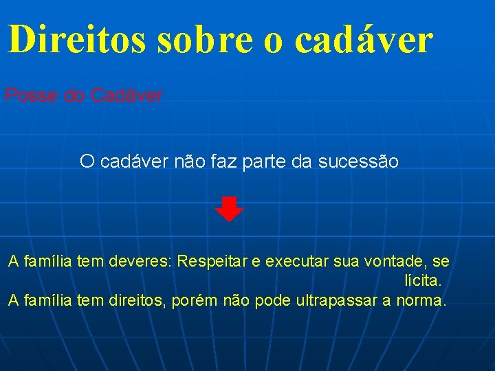 Direitos sobre o cadáver Posse do Cadáver O cadáver não faz parte da sucessão