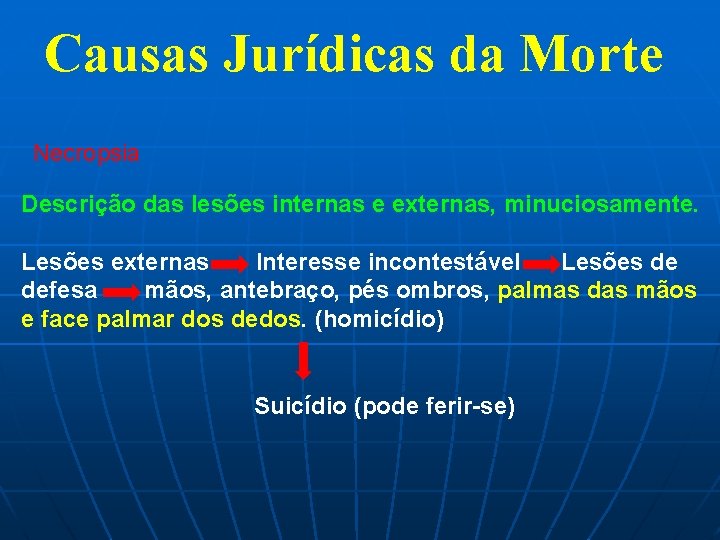 Causas Jurídicas da Morte Necropsia Descrição das lesões internas e externas, minuciosamente. Lesões externas