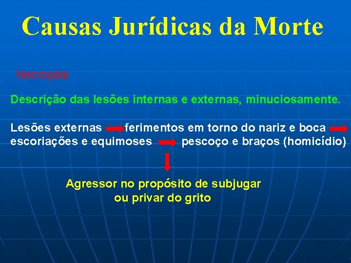 Causas Jurídicas da Morte Necropsia Descrição das lesões internas e externas, minuciosamente. Lesões externas