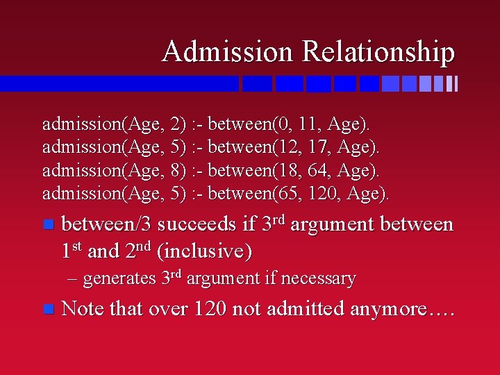 Admission Relationship admission(Age, 2) : - between(0, 11, Age). admission(Age, 5) : - between(12,