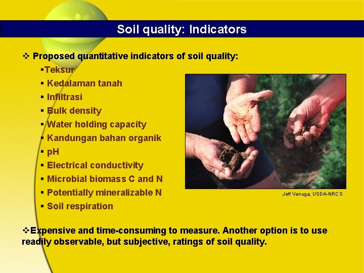 Soil quality: Indicators v Proposed quantitative indicators of soil quality: §Teksur § Kedalaman tanah