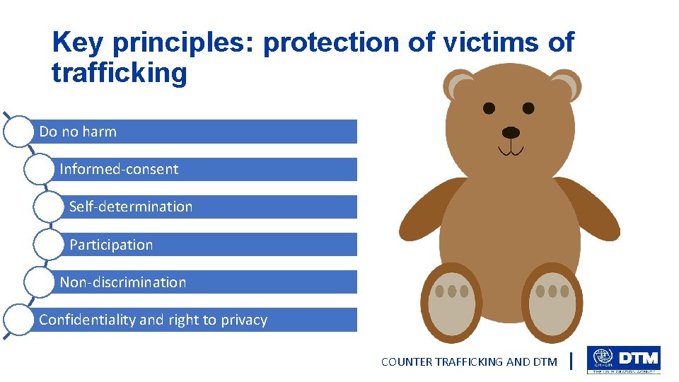 Key principles: protection of victims of trafficking Do no harm Informed-consent Self-determination Participation Non-discrimination