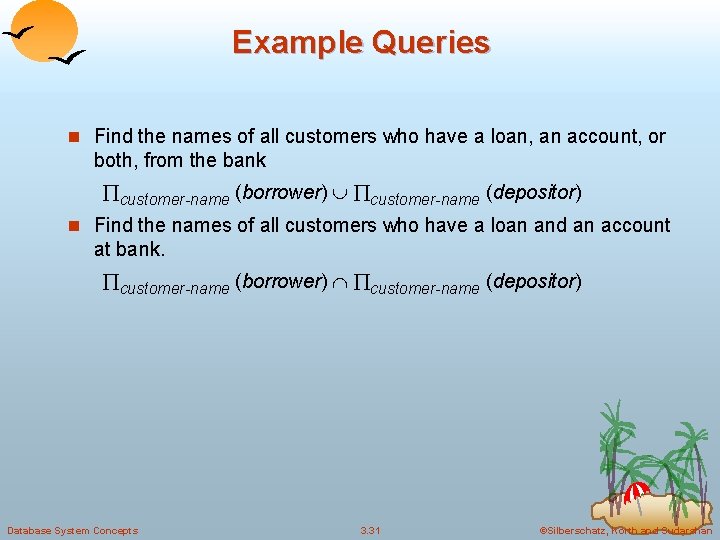 Example Queries n Find the names of all customers who have a loan, an
