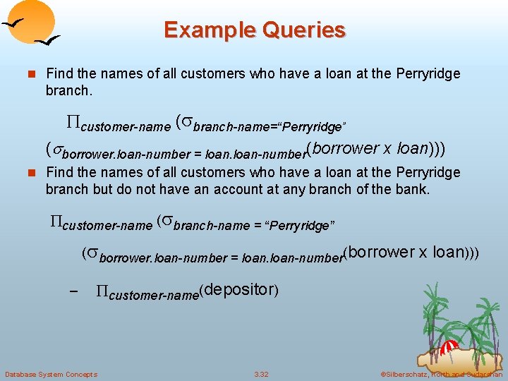 Example Queries n Find the names of all customers who have a loan at